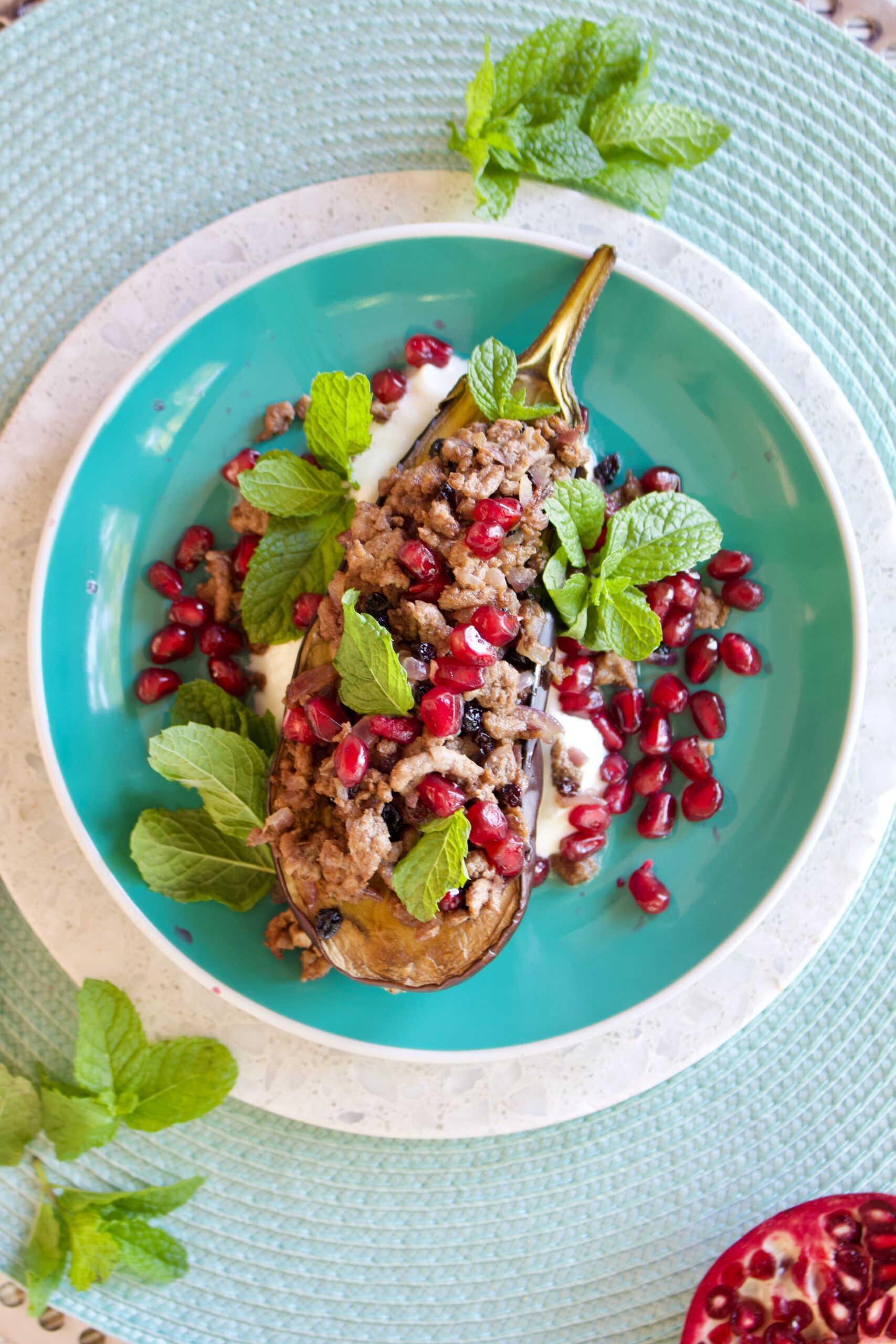 Grilled Eggplant with Lamb Mince - Flatlay
